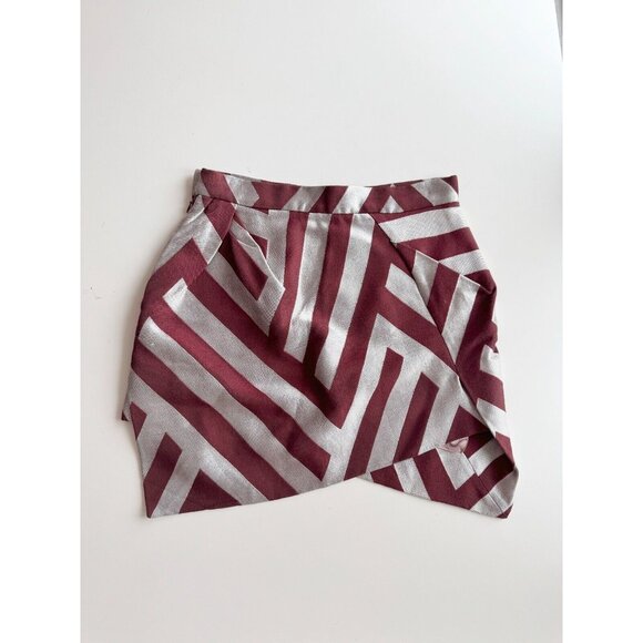 VIVIENNE WESTWOOD Maroon Silver Striped Jacquard Asymmetrical Mini Skirt, Size 6 - Picture 9 of 16